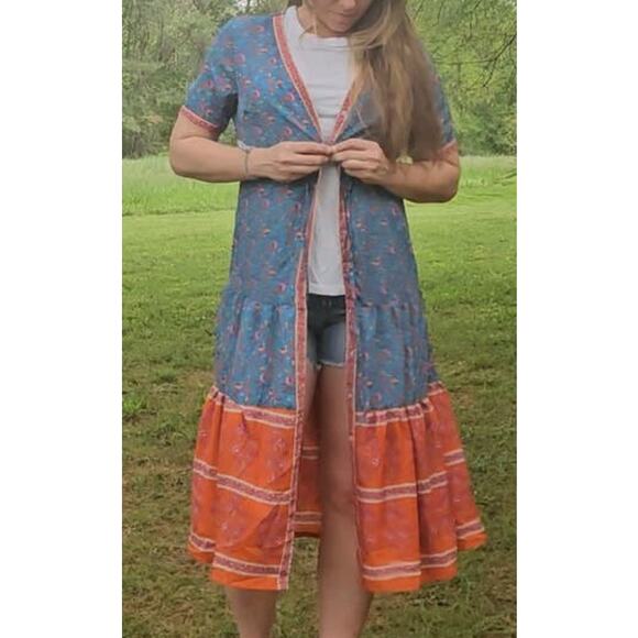 Button up lightweight tiered midi cover up dress colorblock floral multicolor - Picture 14 of 16